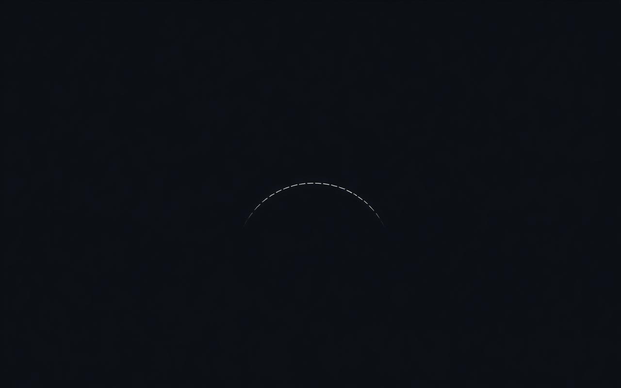 A fine dashed arc crossing a dark horizon