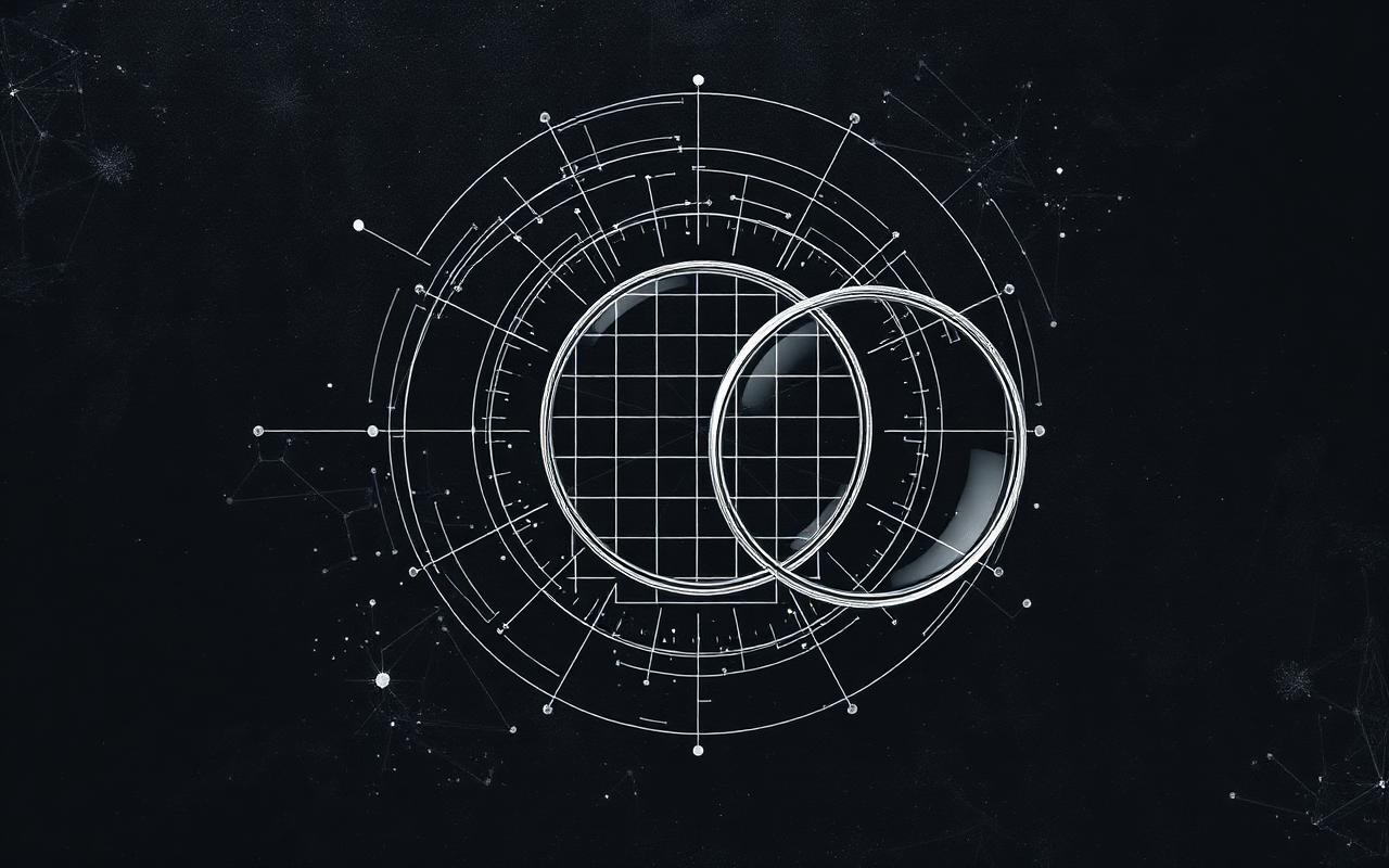 Fine white wireframe observation diagram on a dark ground