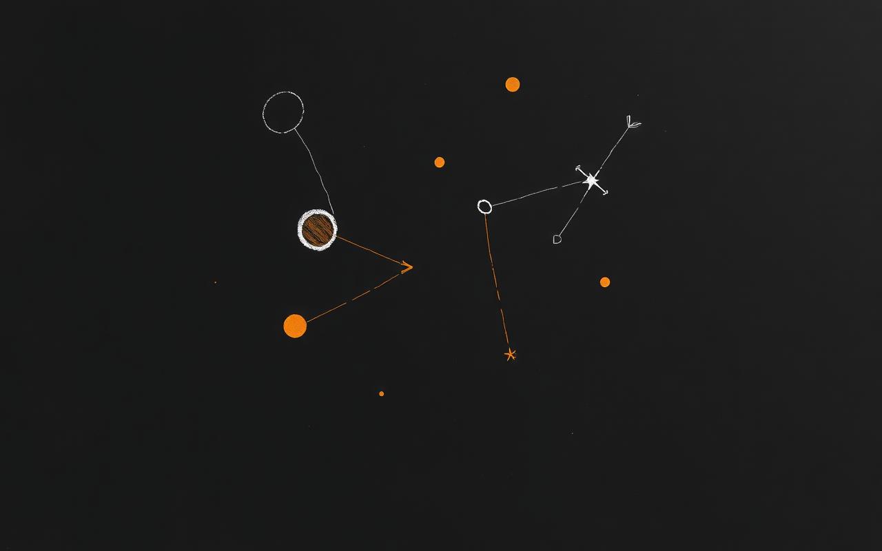 Playful line constellation of sketch shapes with amber accents